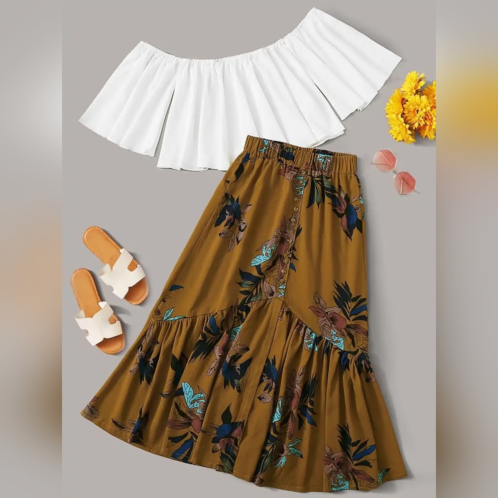Shein Floral Mustard Skirt and White top set Size Medium